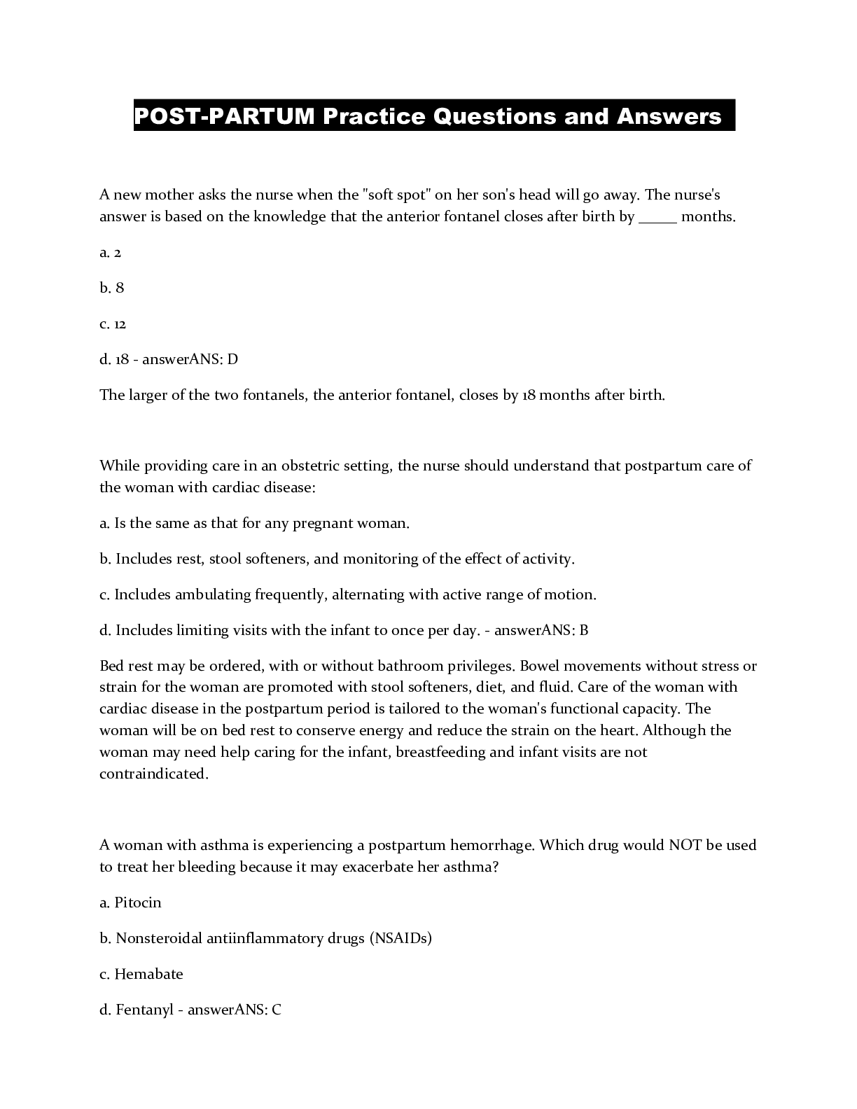 Preview image of POST-PARTUM Practice Questions and Answers document